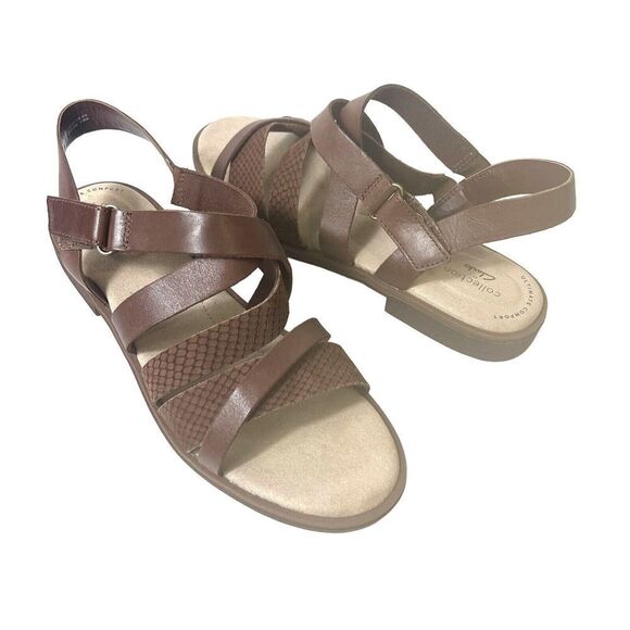 Clarks Casual Sandals Brown Leather Womens 8.5W Sling Back Strappy Flat Open Toe - Picture 1 of 12